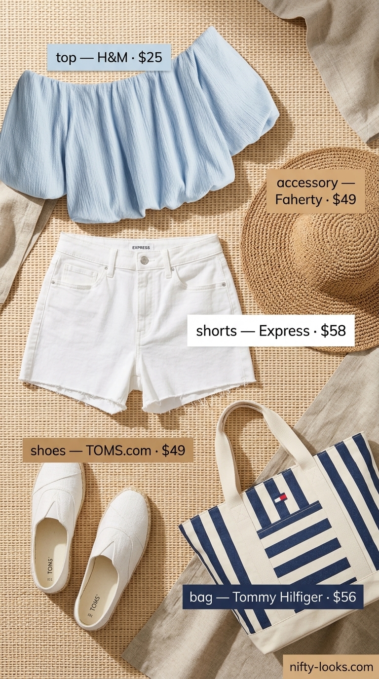 Summer off shoulder tops outfit 2026: Sky blue crop top, white denim shorts, straw hat, espadrilles.
