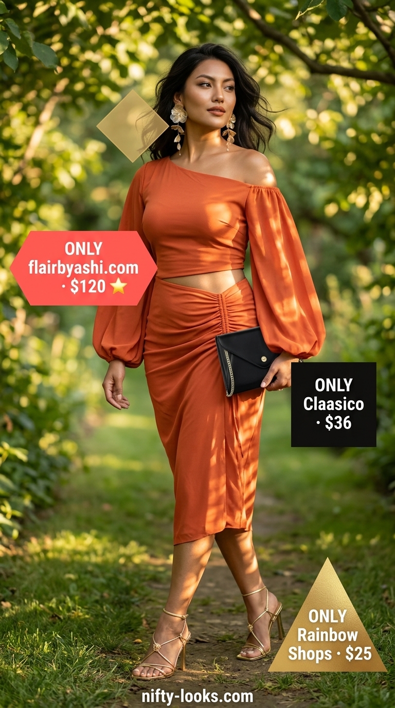 Summer off shoulder tops outfit 2026: Terracotta orange midi dress with gold sandals for a dinner date.