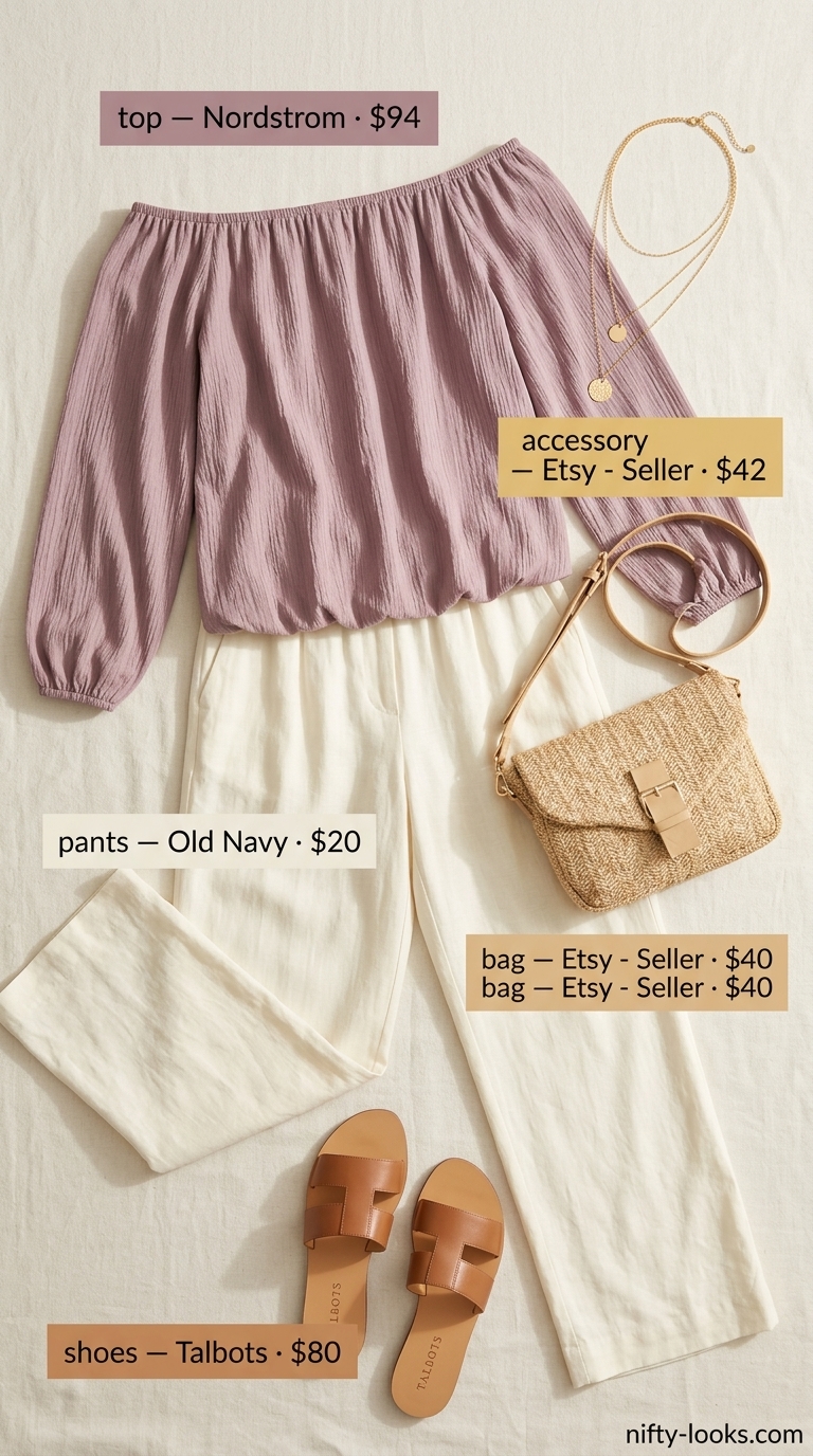 Summer off shoulder tops outfit 2026: Blush pink peasant blouse with wide-leg linen pants for a relaxed evening.