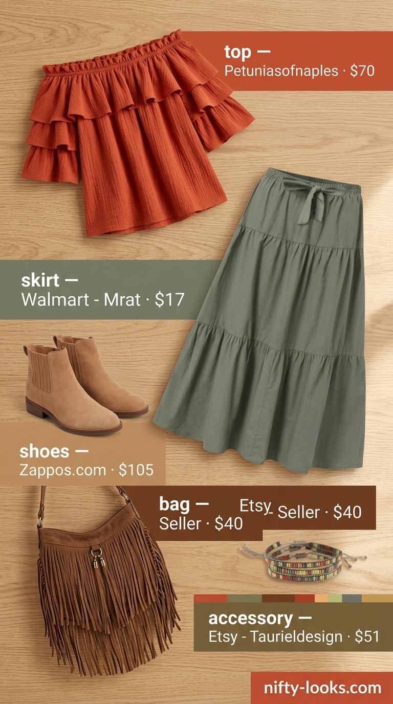 Summer off shoulder tops outfit 2026: Terracotta blouse, maxi skirt, suede boots, layered bracelets.