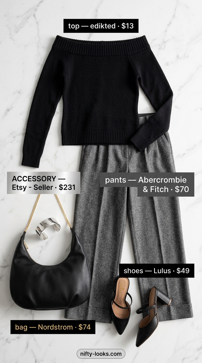 Summer off shoulder tops outfit 2026: Black off-shoulder top with charcoal grey wide-leg trousers for urban chic.