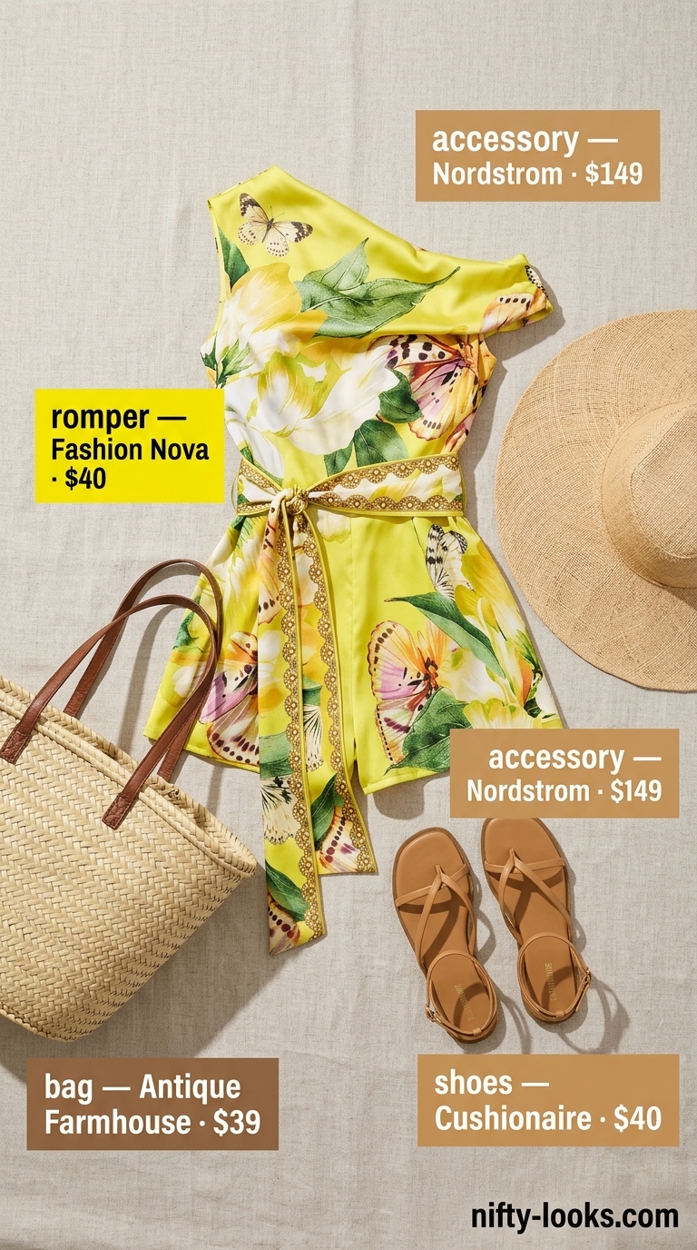 Playful floral off-shoulder romper with straw hat and sandals for vacation.