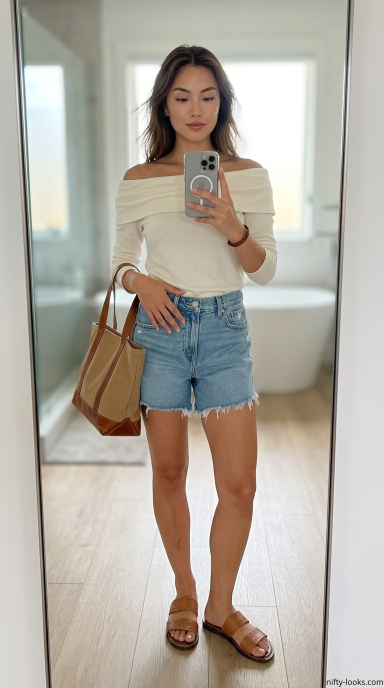 Summer off shoulder tops outfit 2026: Cream off-shoulder top with distressed denim shorts for weekend brunch.