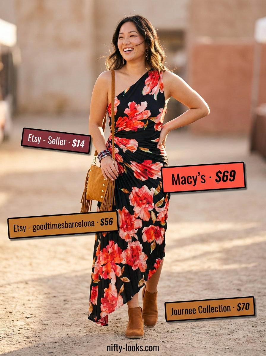 Bohemian summer one shoulder neck outfits for women 2026: Floral maxi dress, suede boots, and fringed crossbody bag.