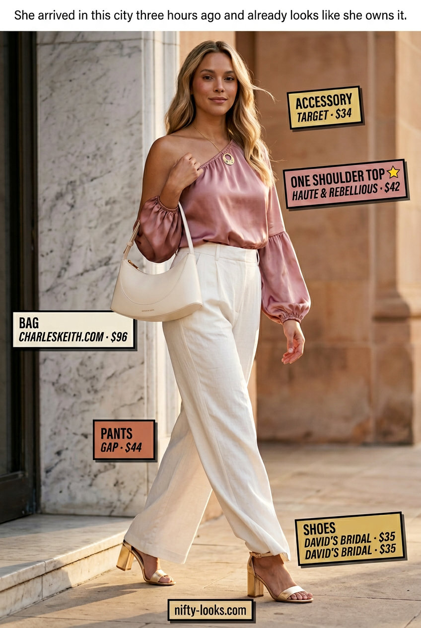 Chic summer one shoulder neck outfits for women 2026: Blush pink silk blouse, white linen pants, gold heels, and shoulder bag.