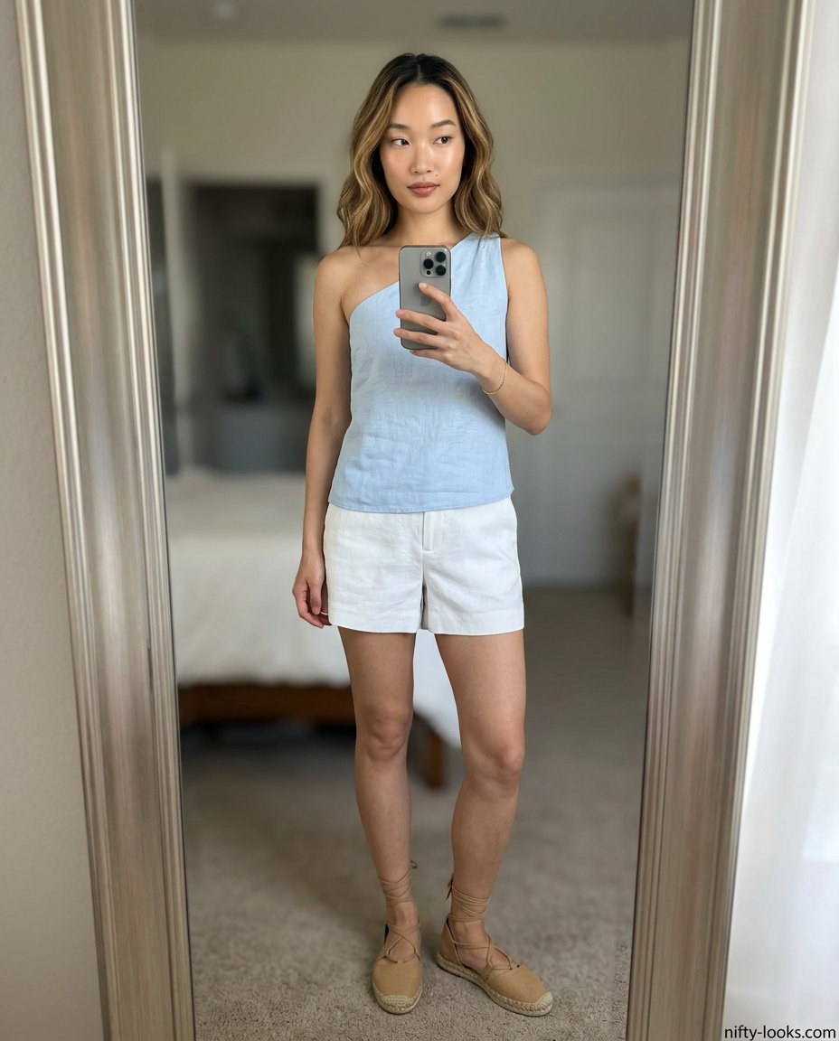 Coastal breeze summer one shoulder neck outfits for women 2026: Sky blue top, white shorts, straw tote, and espadrille flats.