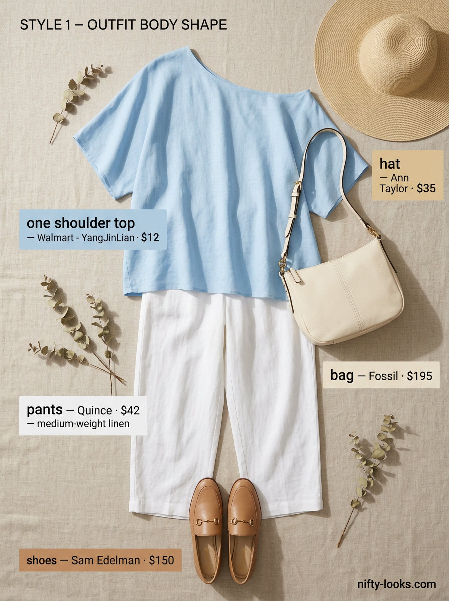 Effortless summer one shoulder neck outfits for women 2026: Sky blue tunic, linen trousers, straw hat, and crossbody bag.