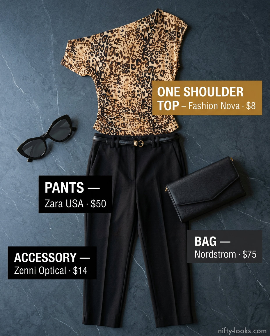 Retro glam summer one shoulder neck outfits for women 2026: Leopard print top, black capris, pumps, and cat-eye sunglasses.