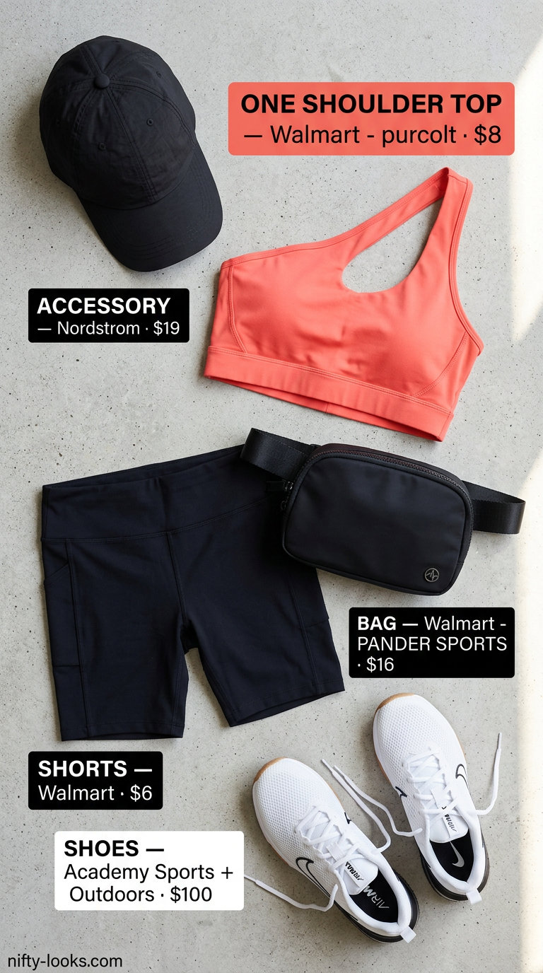 Sporty summer one shoulder neck outfits for women 2026: Coral sports bra top, black biker shorts, belt bag, baseball cap.