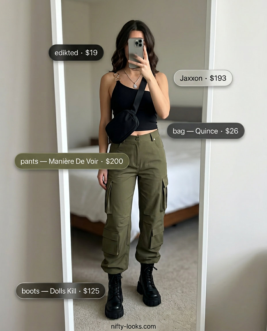 Urban explorer summer one shoulder neck outfits for women 2026: Black crop top, olive cargo pants, combat boots, and belt bag.