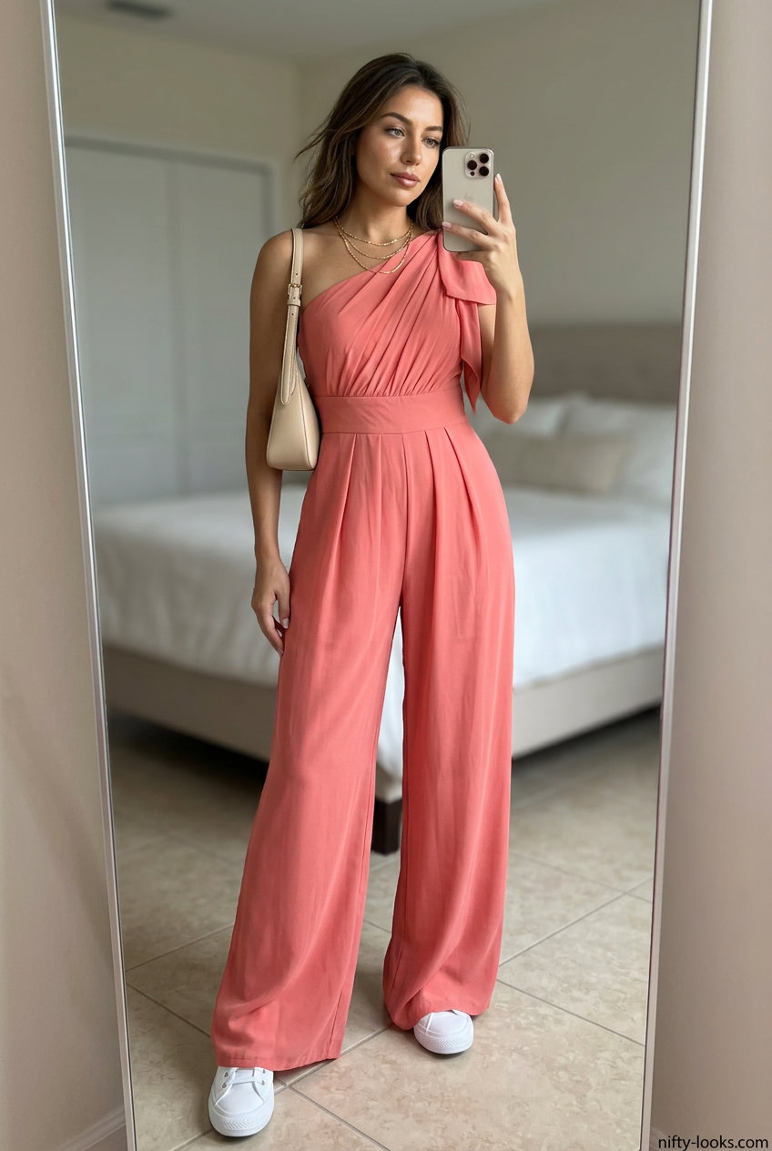 Weekend getaway summer one shoulder neck outfits for women 2026: Coral jumpsuit, white sneakers, crossbody bag, and layered necklaces.