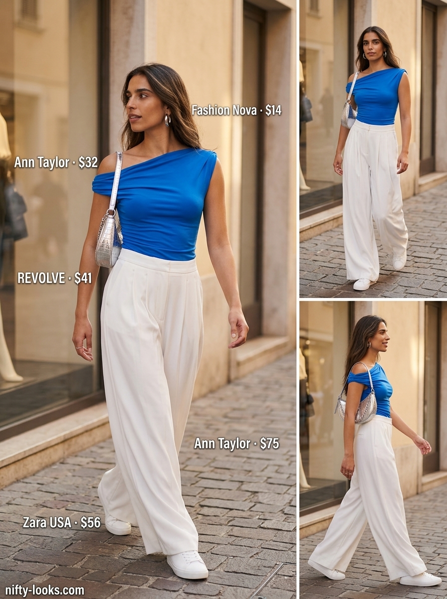 Electric blue one shoulder top with white wide-leg pants for bold summer outfits 2026.