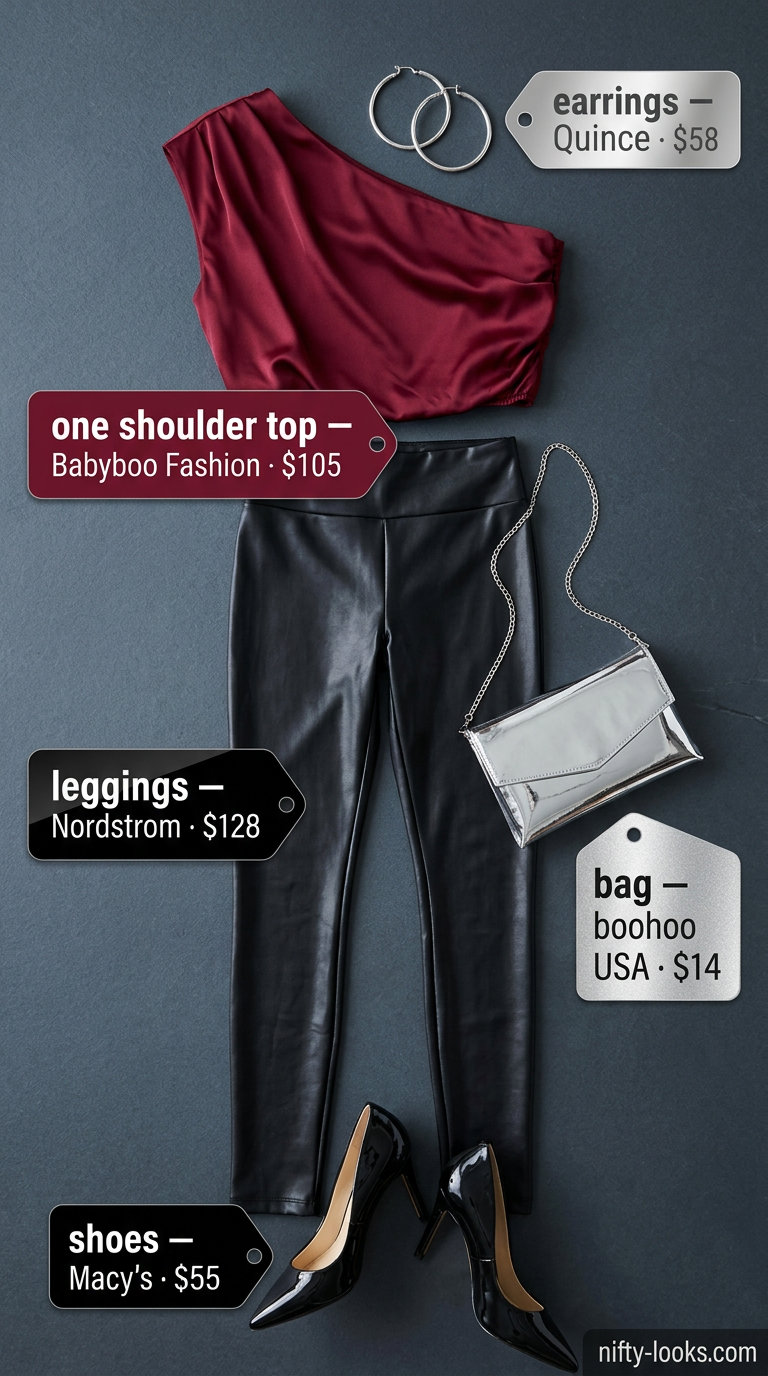Burgundy one shoulder top with faux leather leggings for a date night summer outfit 2026.