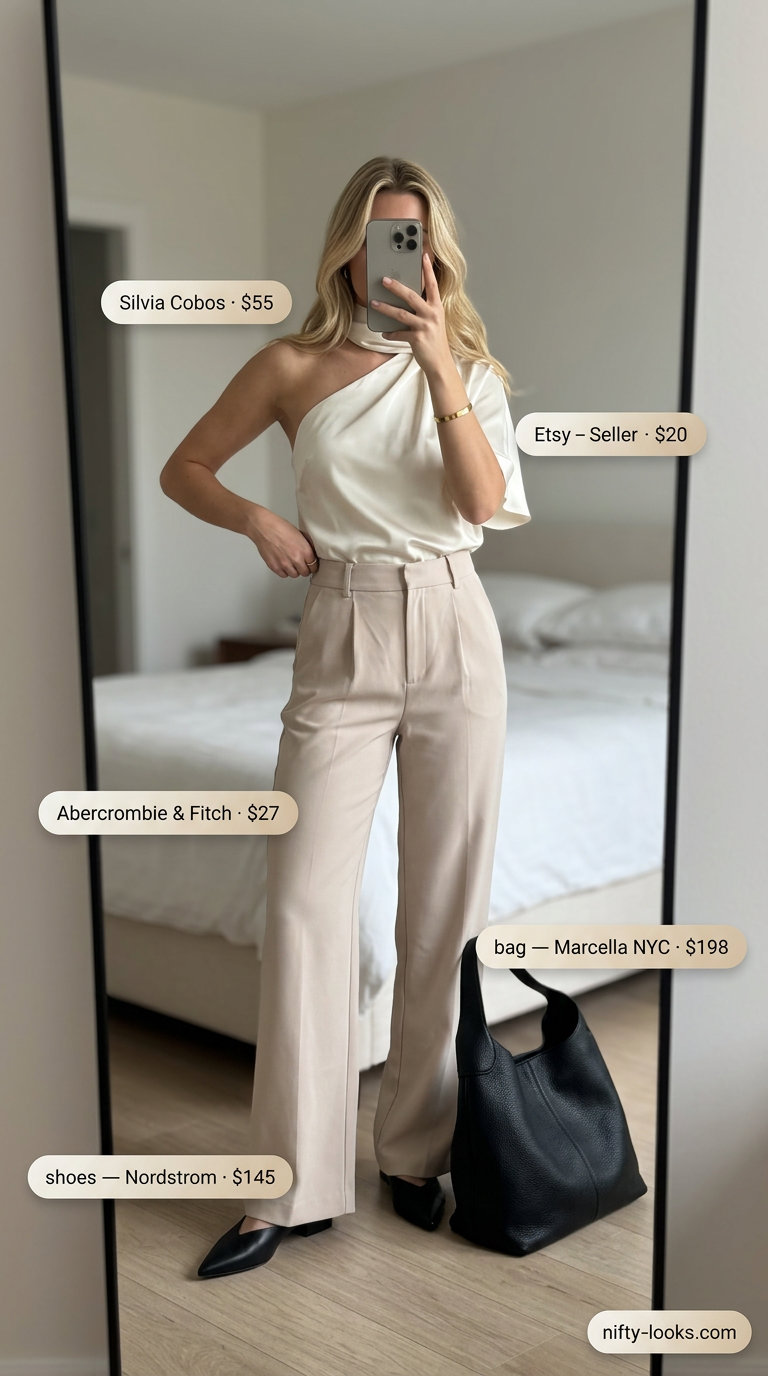 Cream one shoulder top with beige trousers for modern summer outfits 2026.