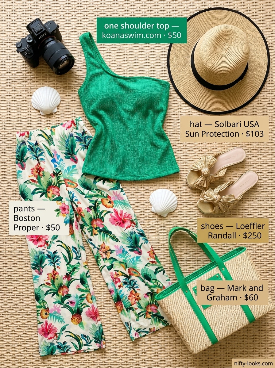 Emerald green one shoulder bikini top with palazzo pants for tropical summer outfits 2026.