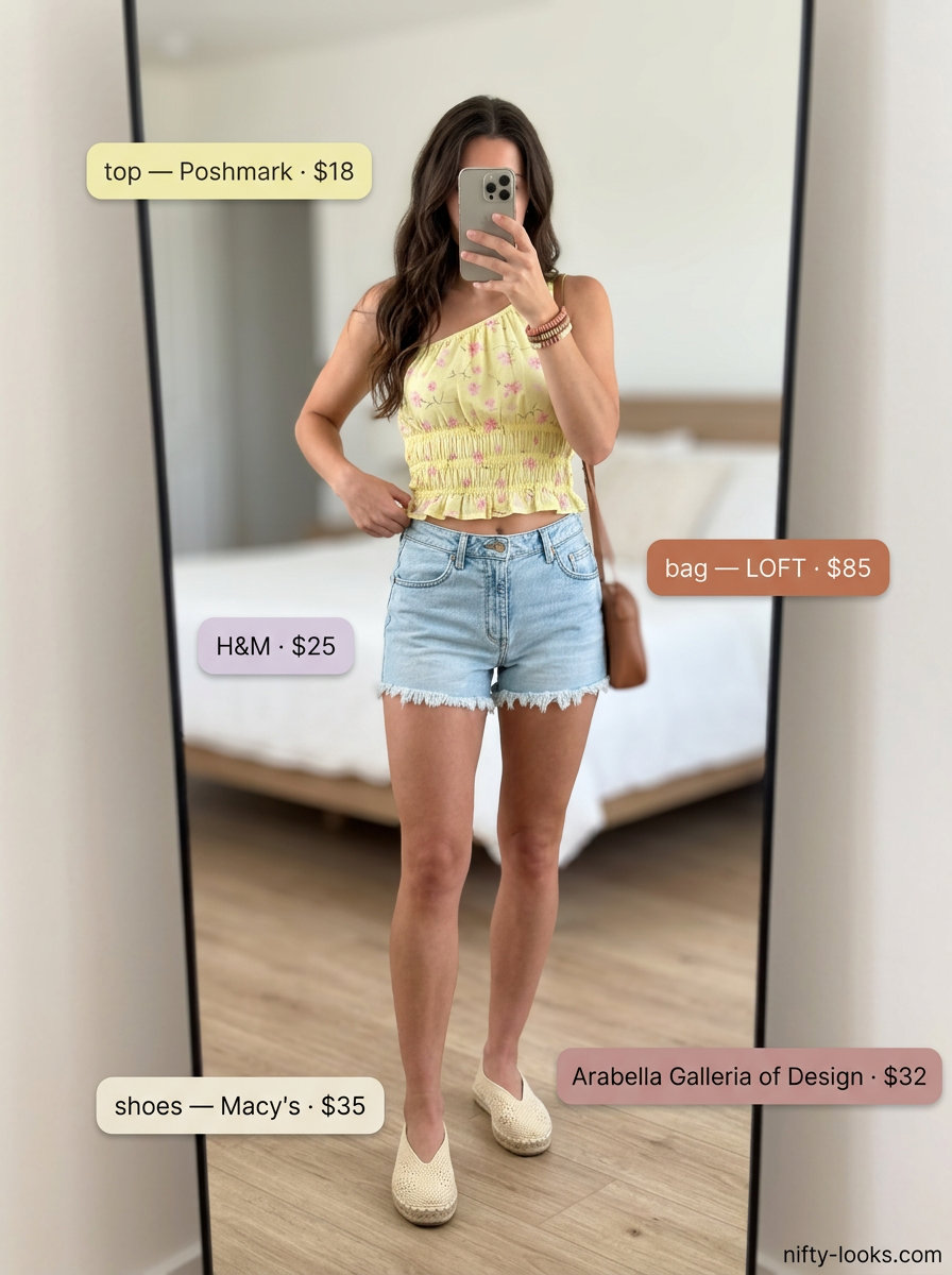 Floral one shoulder peasant blouse with denim shorts for boho summer outfits 2026.