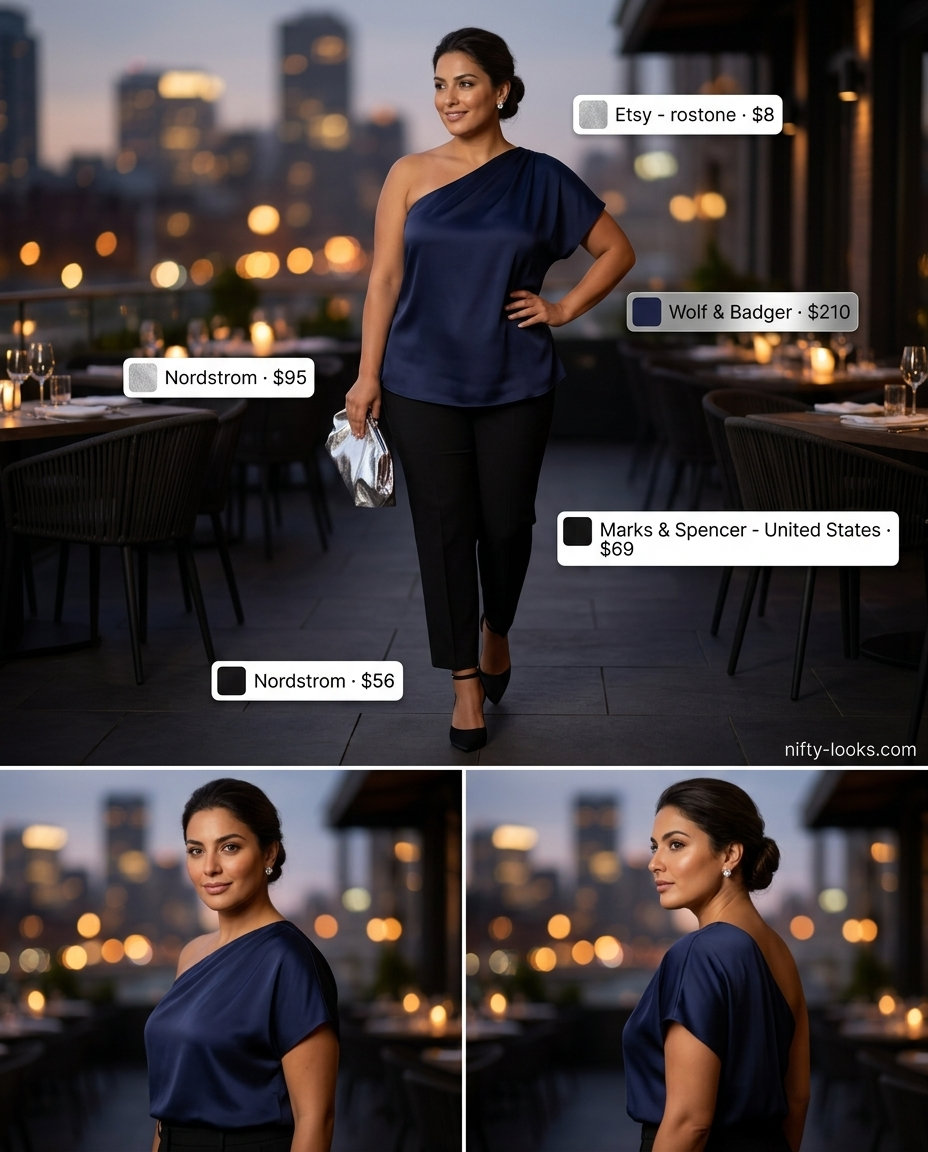 Navy blue one shoulder blouse with black trousers for elegant summer outfits 2026.