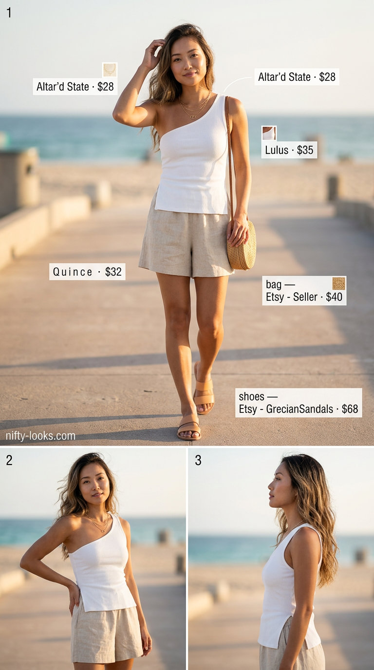 White one shoulder knit tank with linen shorts for coastal summer outfits 2026.