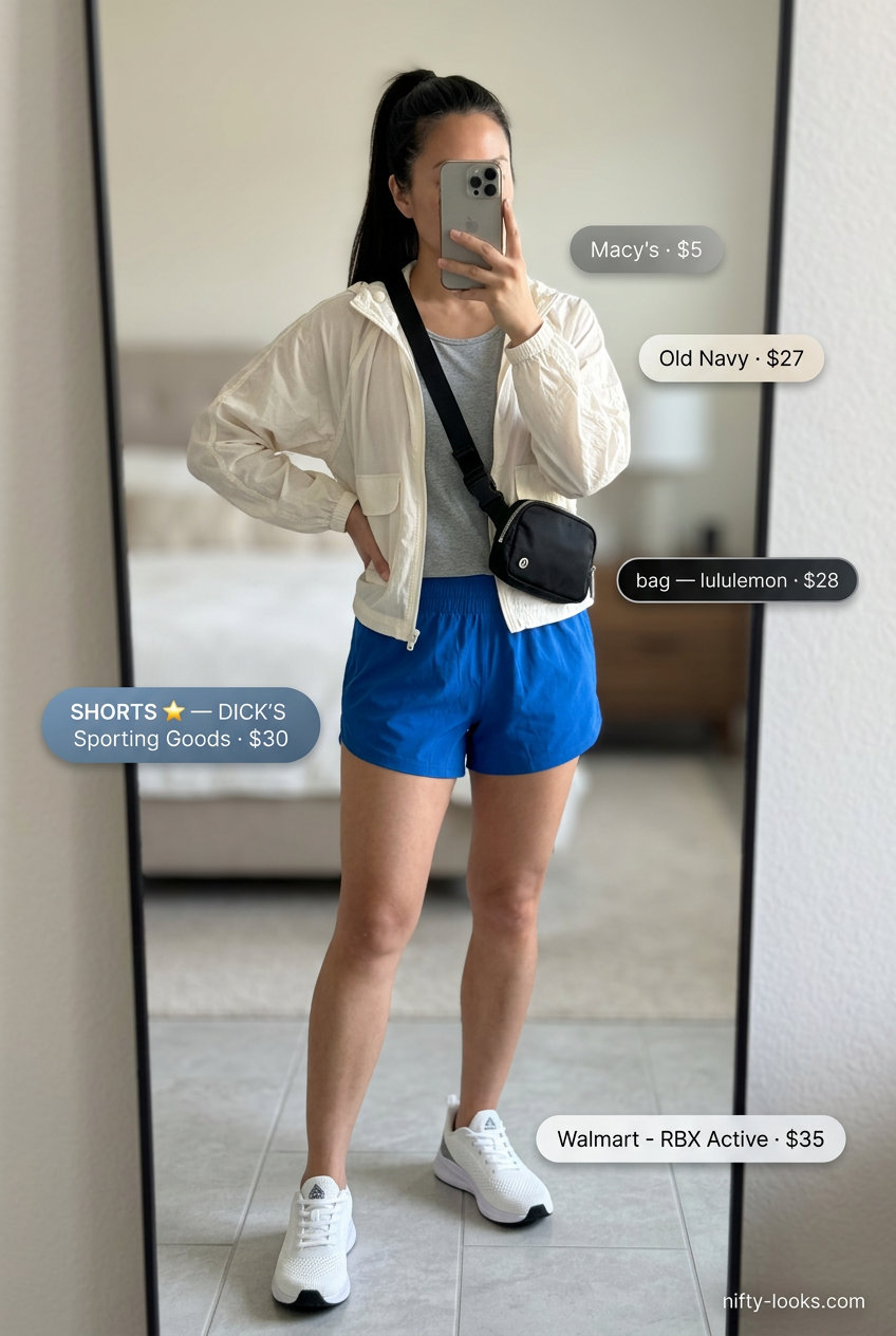 Active summer outfits with white sneakers for women 2026: blue shorts, grey tank, white windbreaker, belt bag.