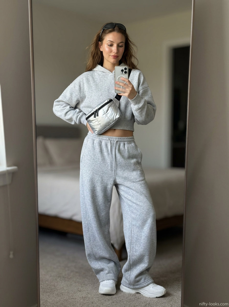 Sporty athleisure outfits with white sneakers for women 2026: grey knit set, white sneakers, belt bag.