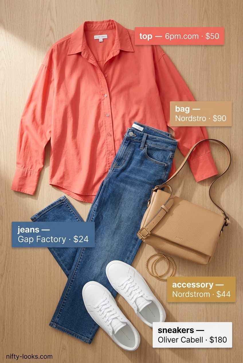 Weekend brunch outfits with white sneakers for women 2026: coral shirt, denim jeans, white sneakers.