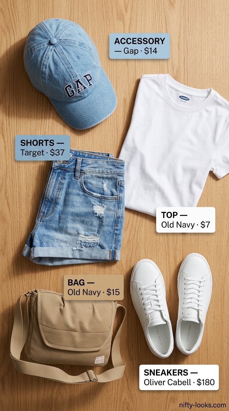 Casual weekend outfits with white sneakers for women 2026: denim shorts, white tee, canvas bag.