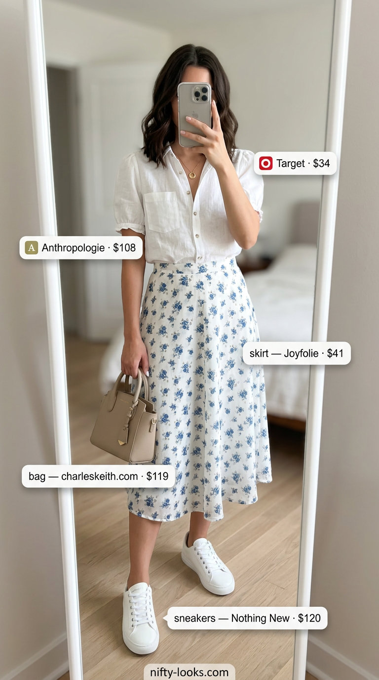 Garden party outfits with white sneakers for women 2026: floral skirt, white blouse, white sneakers.