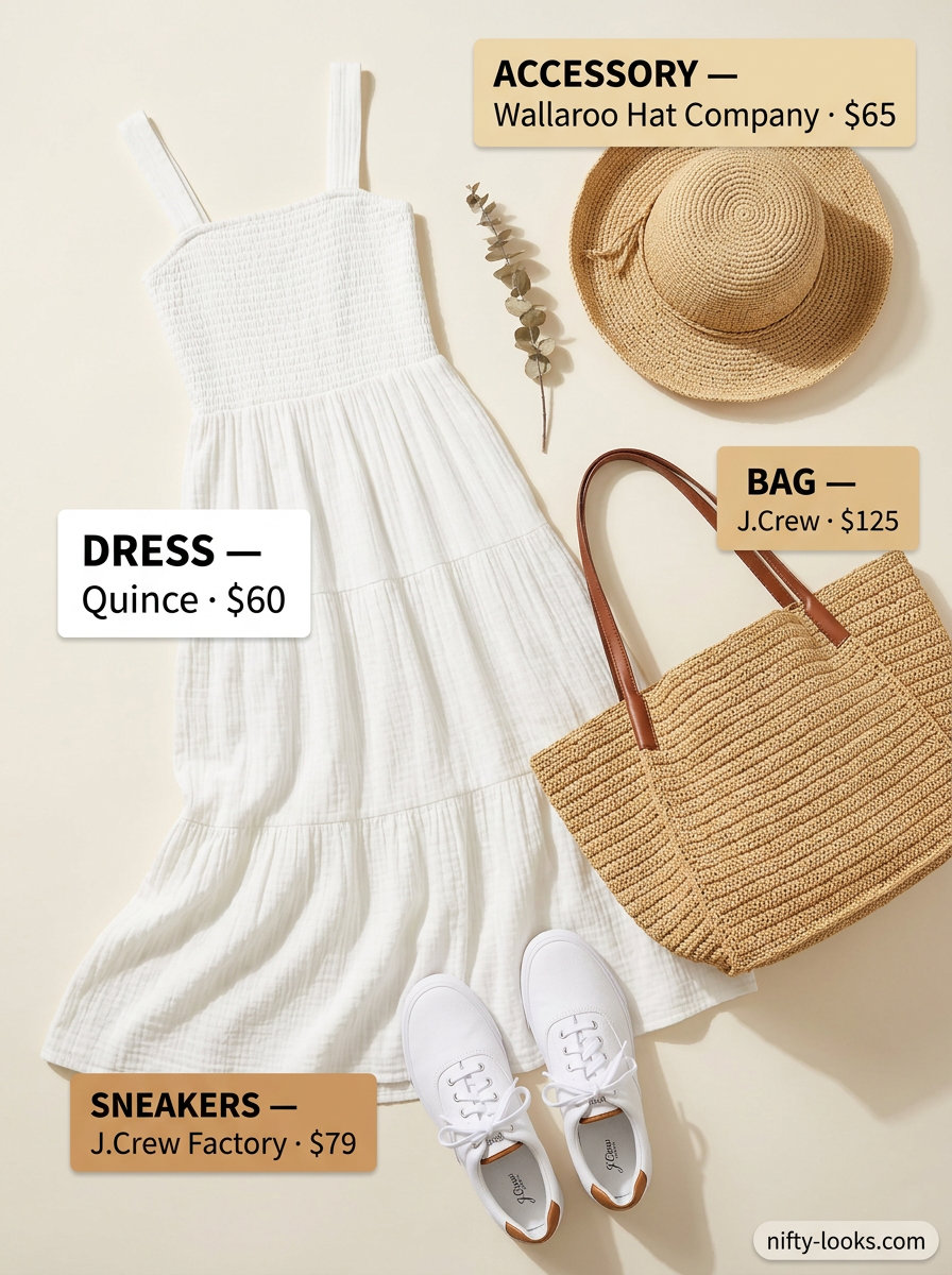 Beach day outfits with white sneakers for women 2026: white maxi dress, straw hat, straw tote.