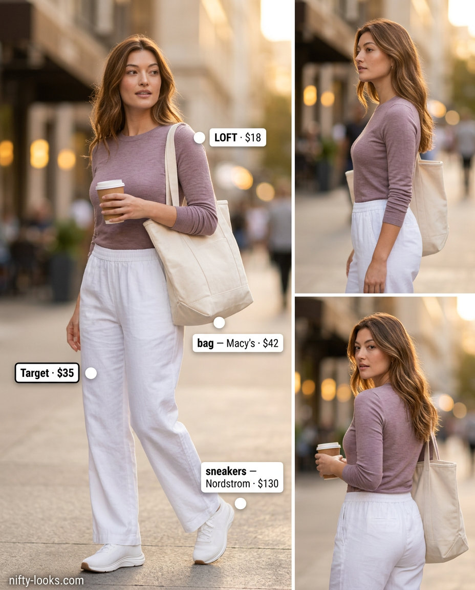 Travel outfits with white sneakers for women 2026: navy pants, light blue top, grey jacket, tote bag.