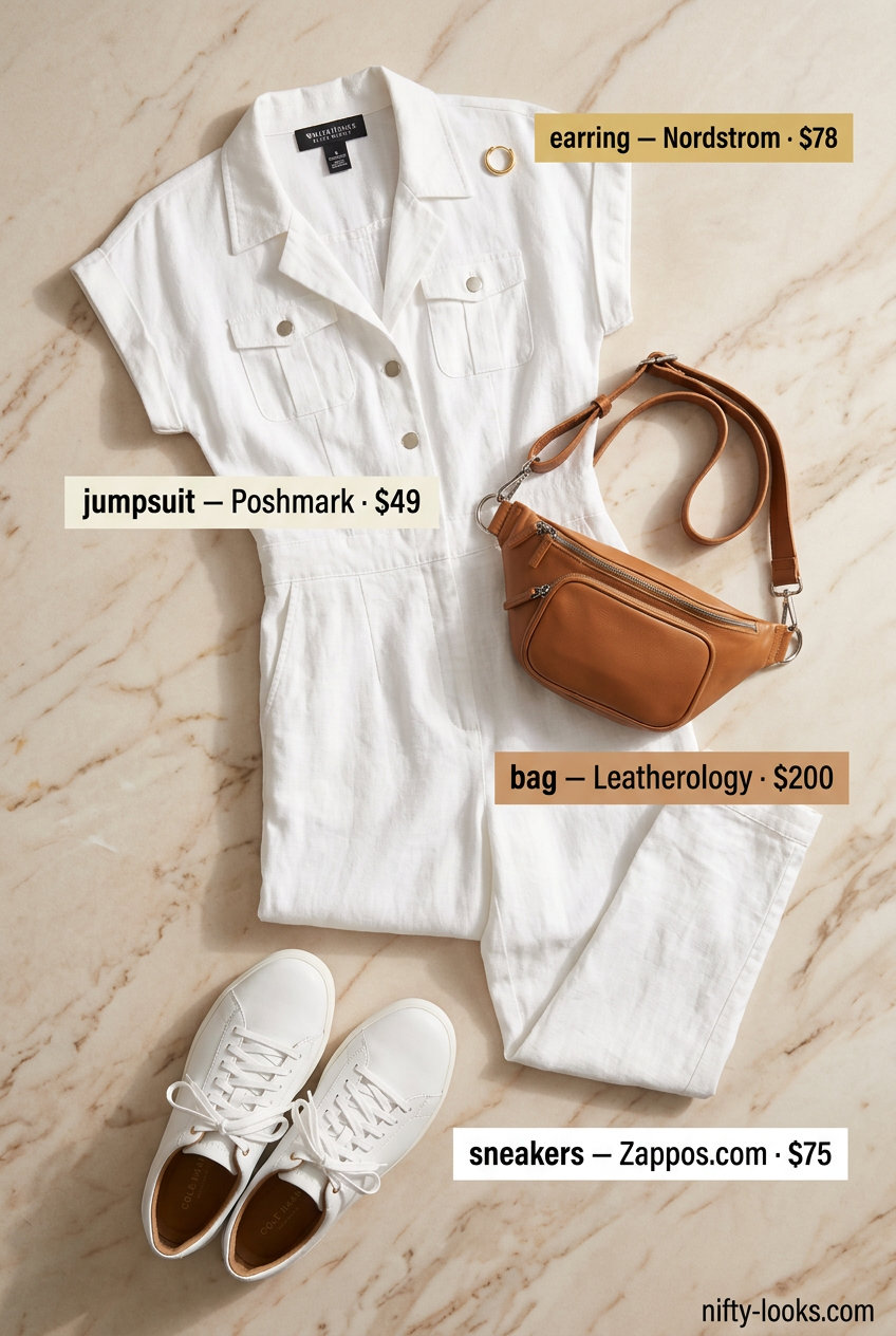Chic summer outfits with white sneakers for women 2026: utility jumpsuit, tan belt bag, gold hoops.