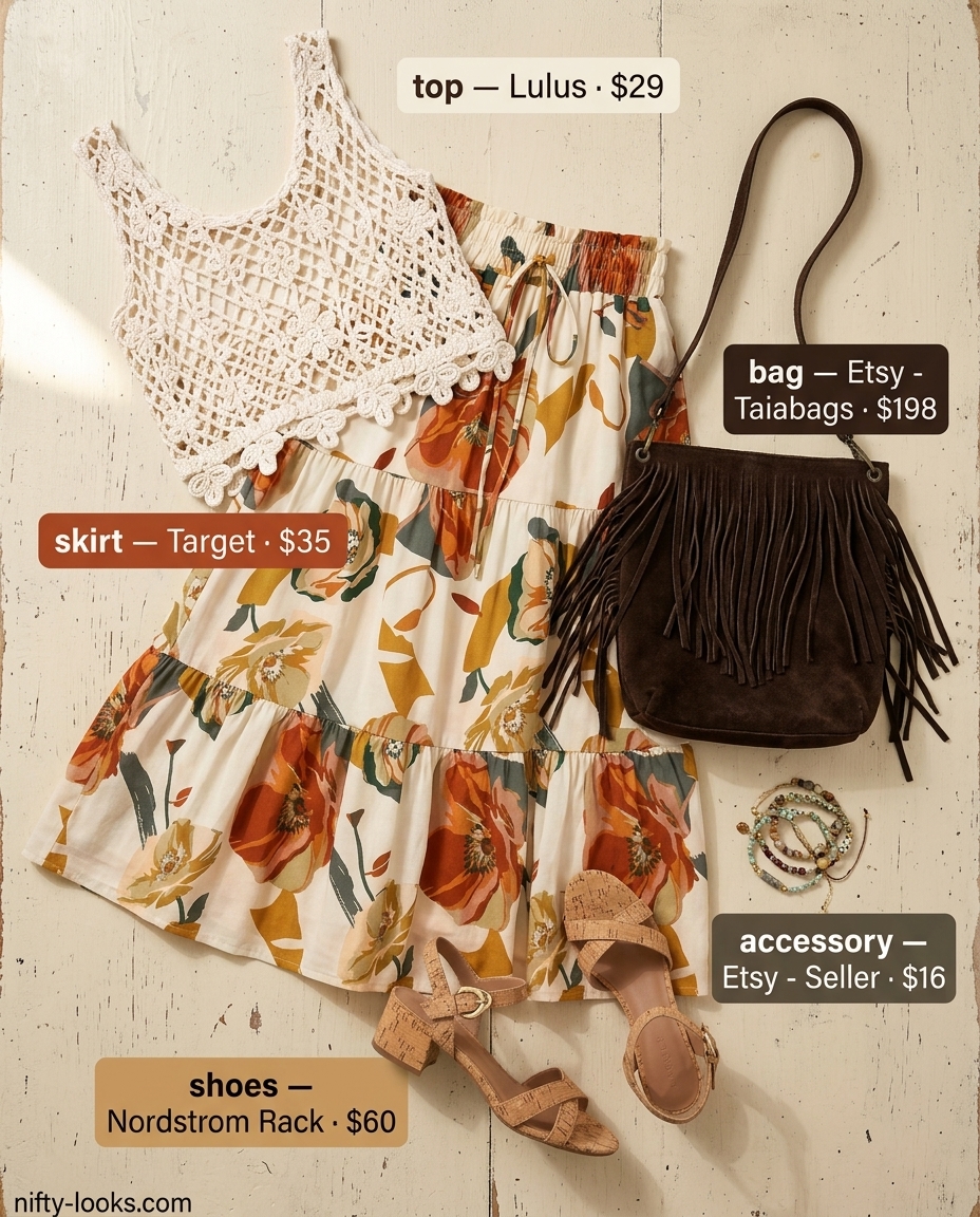 Bohemian floral skirt outfit with cream crochet top & tan heeled sandals for festivals 2026.