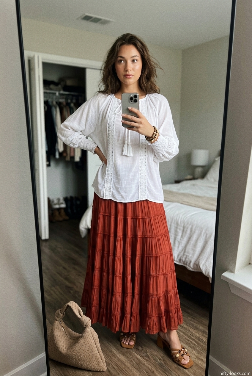 Boho terracotta tiered midi skirt outfit with white peasant blouse & heeled sandals for summer festivals 2026.