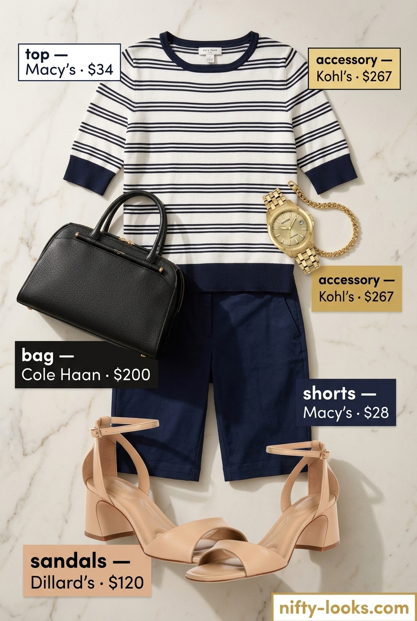 City chic summer outfits with heeled sandals 2026: nude block heels, navy shorts, striped knit top & shoulder bag.