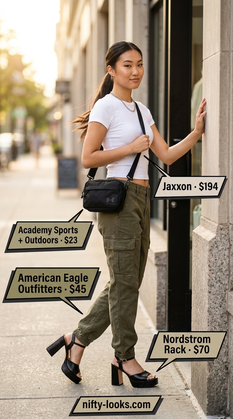 Edgy summer outfits with heeled sandals 2026: cargo pants, white tee, platform sandals & belt bag.
