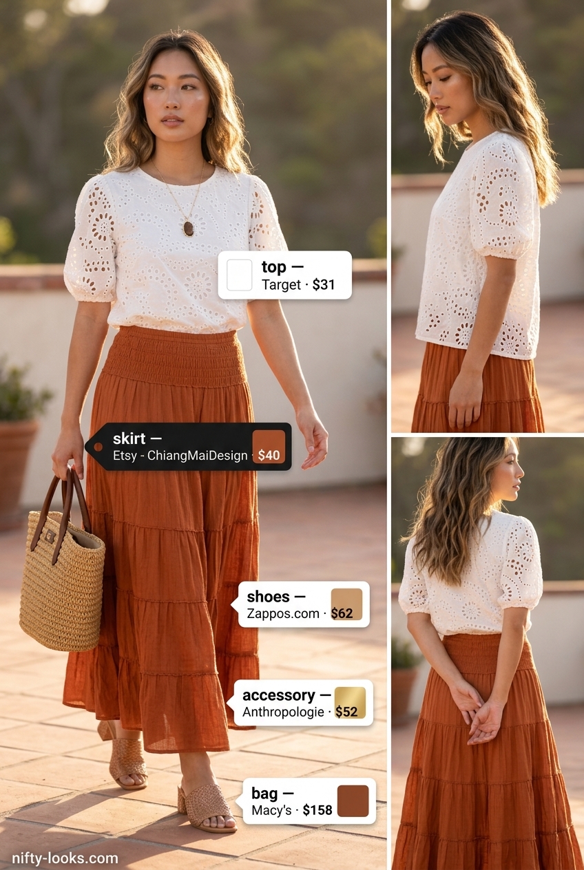 Romantic summer outfits with heeled sandals 2026: tiered skirt, eyelet blouse, woven heeled sandals & straw tote.