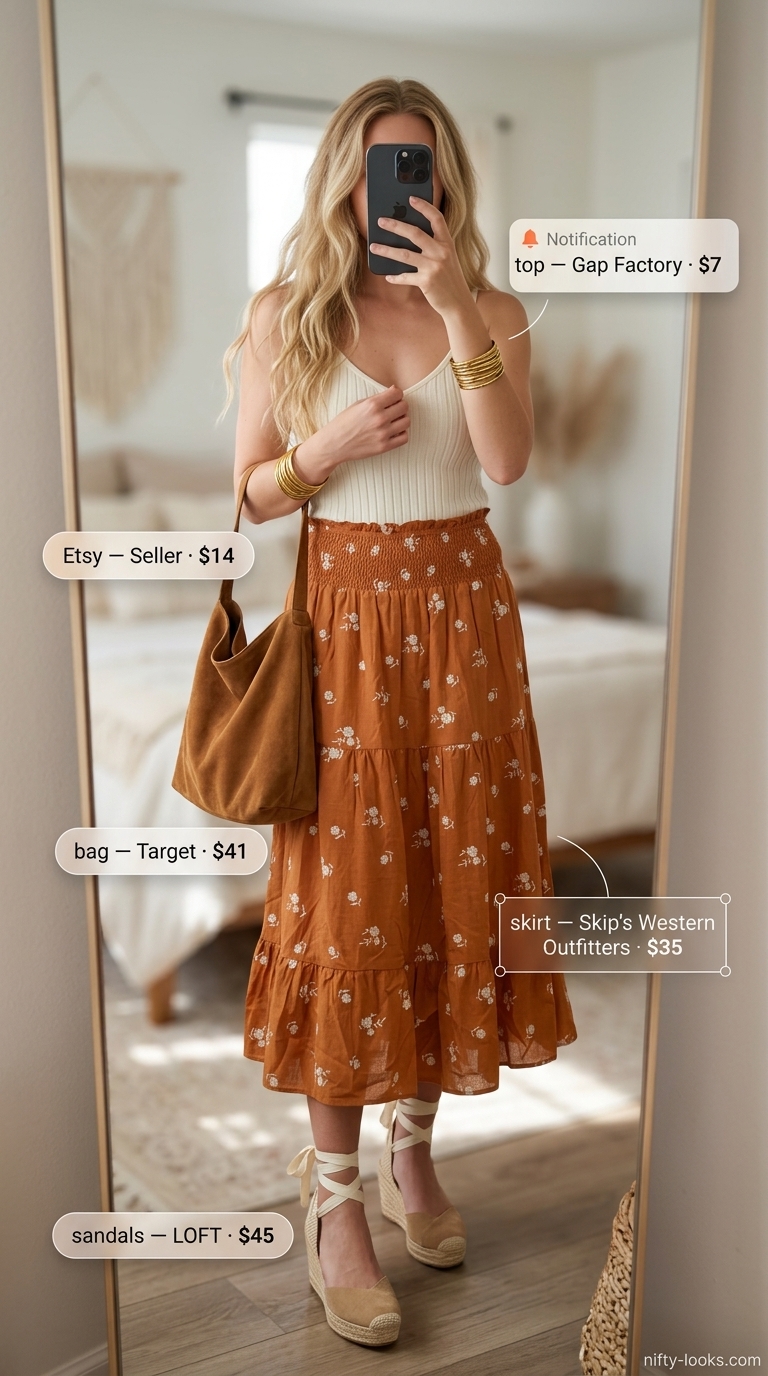 Boho desert sunset summer outfits with heeled sandals 2026: tiered skirt, cream tank, suede bag & espadrilles.