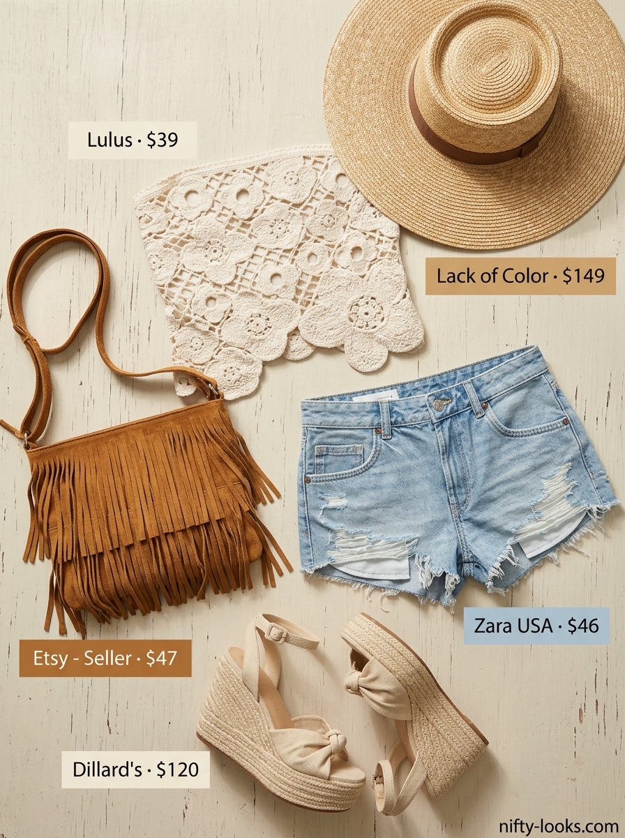 Bohemian summer outfits with heeled sandals 2026: crochet top, denim shorts, espadrille wedges & straw hat.