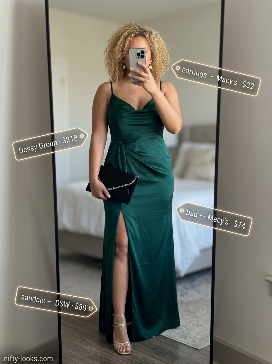 Glamorous summer outfits with heeled sandals 2026: gold stiletto heels, emerald maxi dress, clutch & statement earrings.