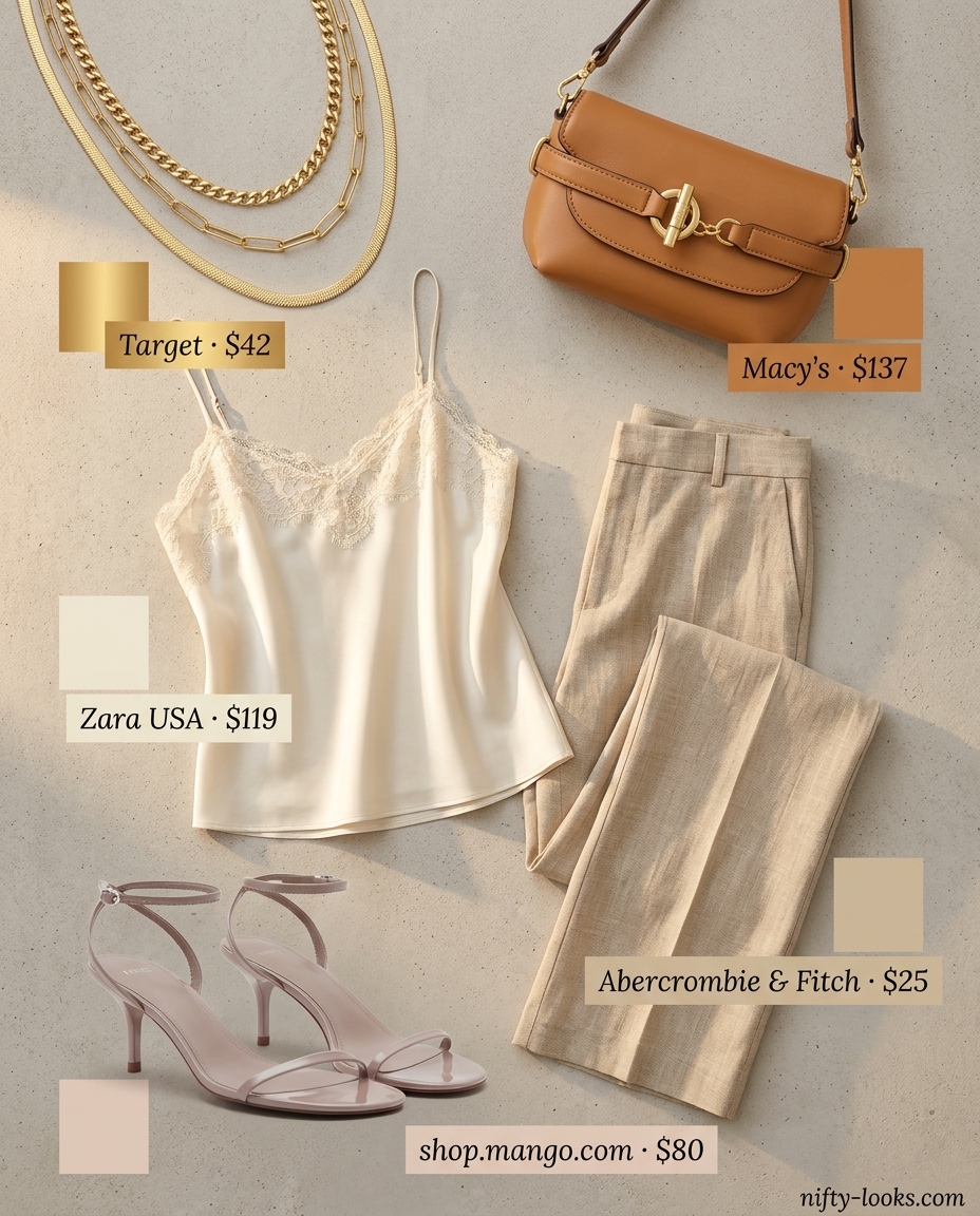 Elegant summer outfits with heeled sandals 2026: linen pants, silk cami, gold necklaces & nude heeled sandals.