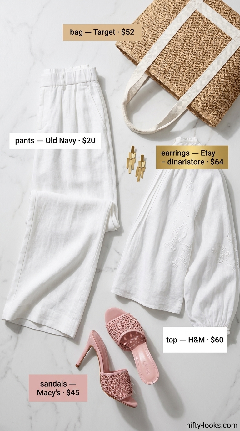 Elegant summer outfits with heeled sandals 2026: blush mules, palazzo pants, linen blouse & straw tote.