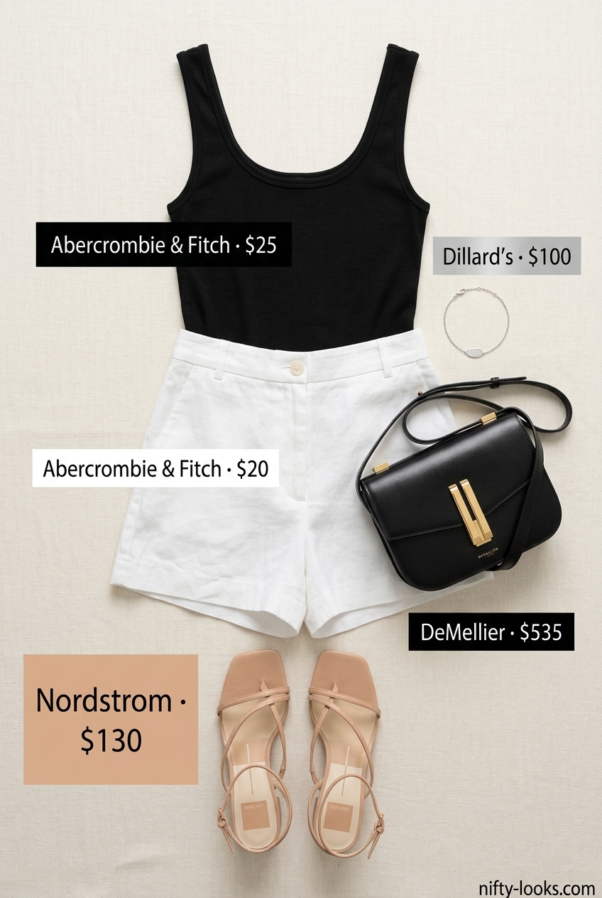Modern minimalist summer outfits with heeled sandals 2026: taupe block heels, white linen shorts, black tank & bag.