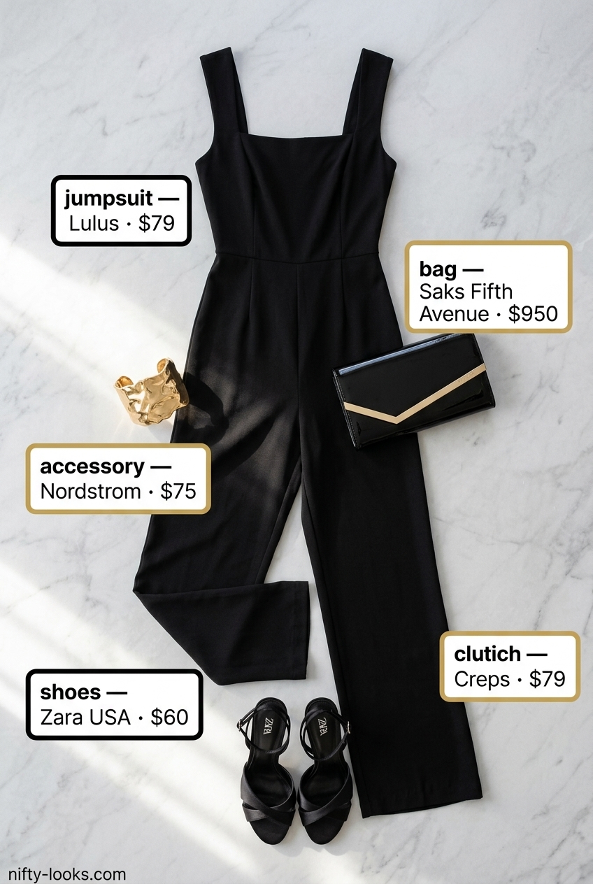 Chic summer outfits with heeled sandals 2026: black jumpsuit, stiletto sandals, gold cuff & envelope clutch.