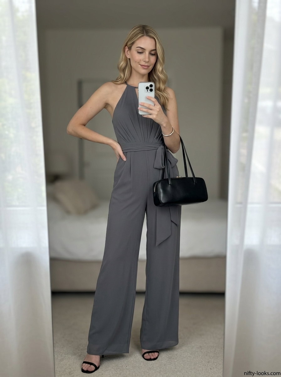 Sophisticated summer outfits with heeled sandals 2026: charcoal wide-leg jumpsuit, silver cuff & black top-handle bag.