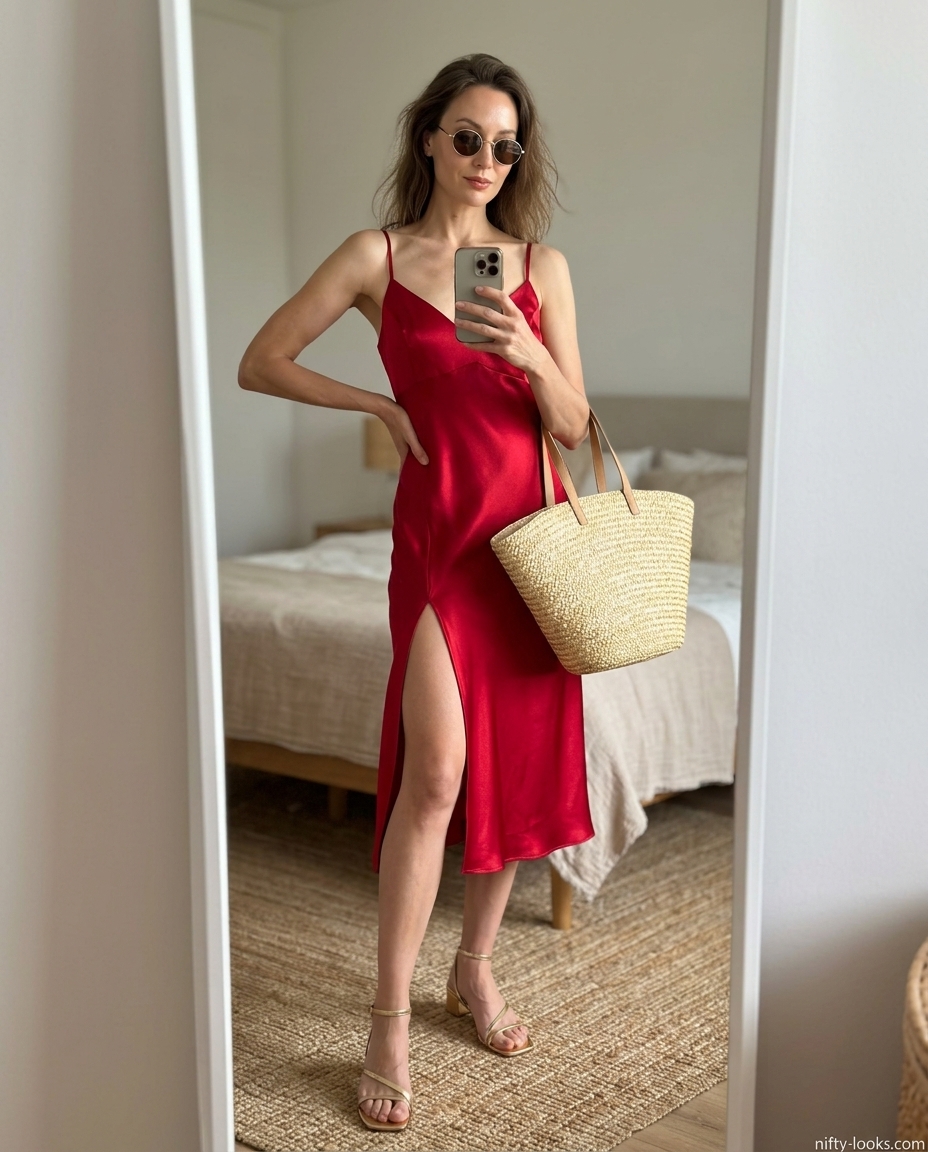 Glamorous poolside summer outfits with heeled sandals 2026: red slip dress, gold minimalist sandals & straw tote.