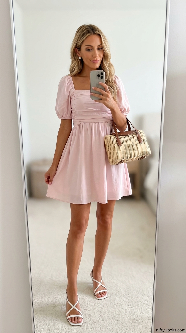Sweet blush pink dress outfit with white heeled sandals for summer garden parties 2026.