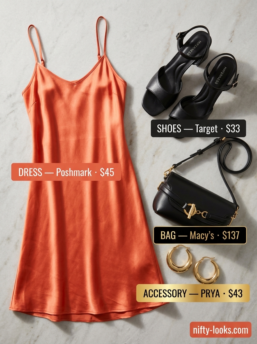 Vibrant coral slip dress outfit with black block heel sandals & gold hoops for city exploring 2026.