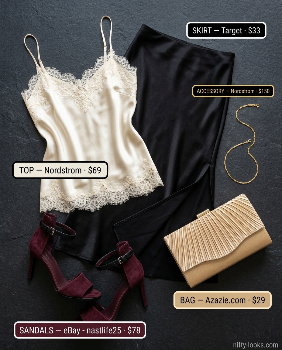 Romantic summer outfits with heeled sandals 2026: burgundy strappy heels, midi skirt, camisole & gold bracelet.