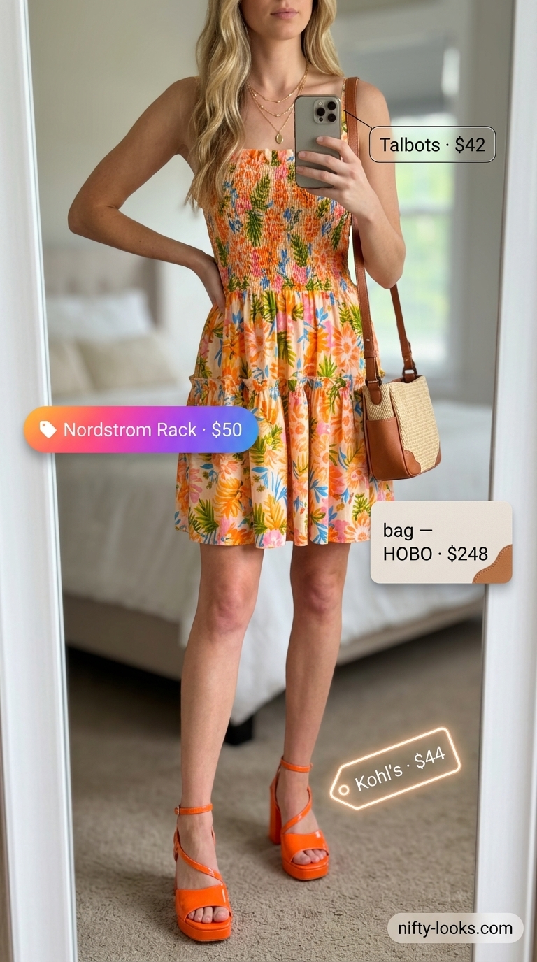 Playful summer outfits with heeled sandals 2026: orange platform heels, floral mini dress, straw bag & gold necklaces.