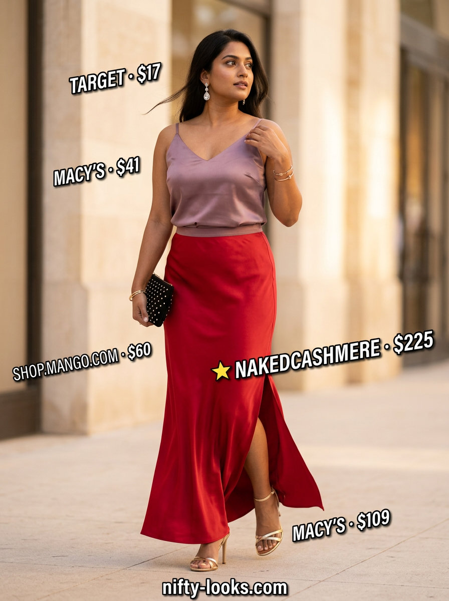 Romantic burgundy maxi skirt outfit with cream satin cami & gold stiletto heeled sandals for evening 2026.