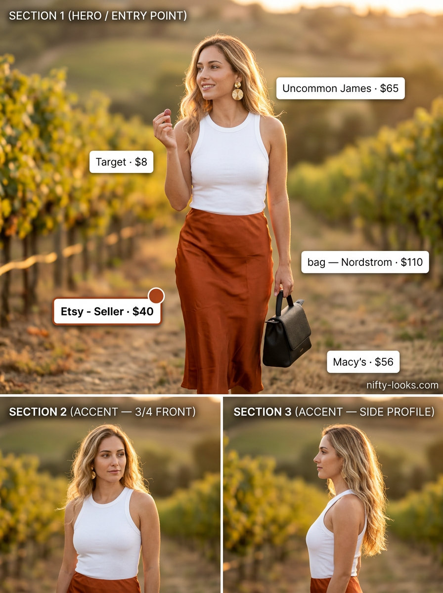 Stylish summer outfits with heeled sandals 2026: rust satin skirt, black heeled sandals, white tank & crossbody bag.